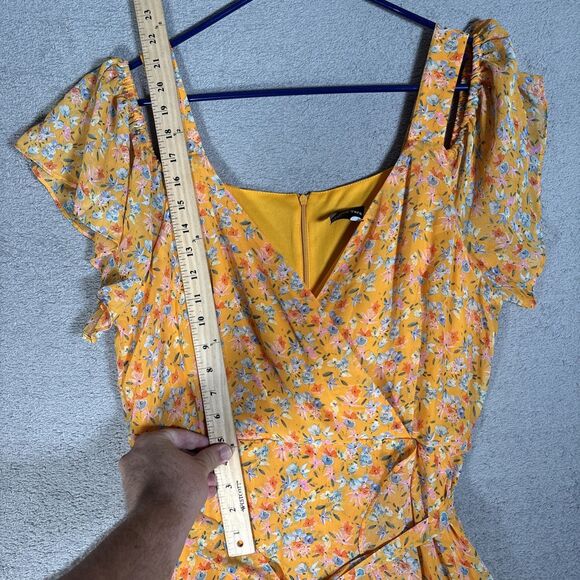 Maison Tara Womens Size 14 Cold Shoulder Maxi Dress Chiffon Yellow Belted Ruffle - Picture 5 of 12